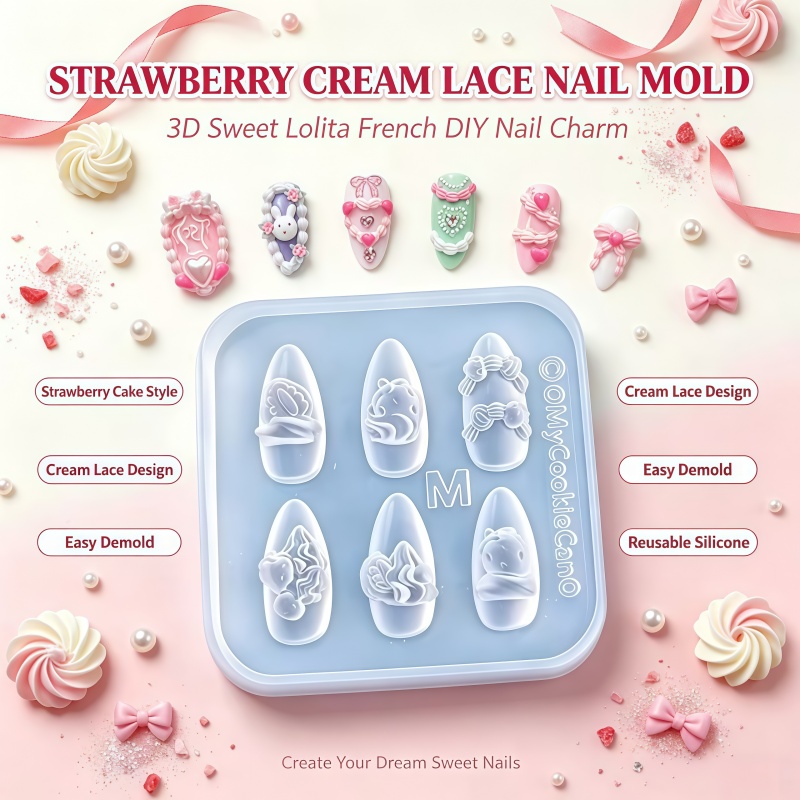 Nail Art Strawberry - Strawberry Cream Ruffle 3D French Style