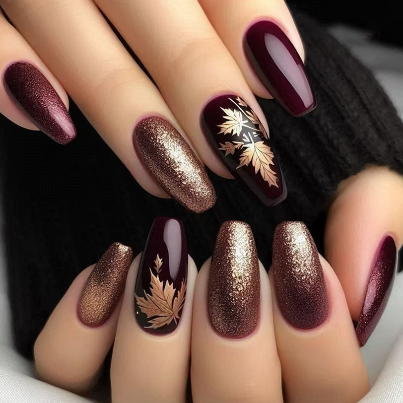 Nail Art Burgundy - 24pcs Elegant Burgundy Glitter Golden Maple