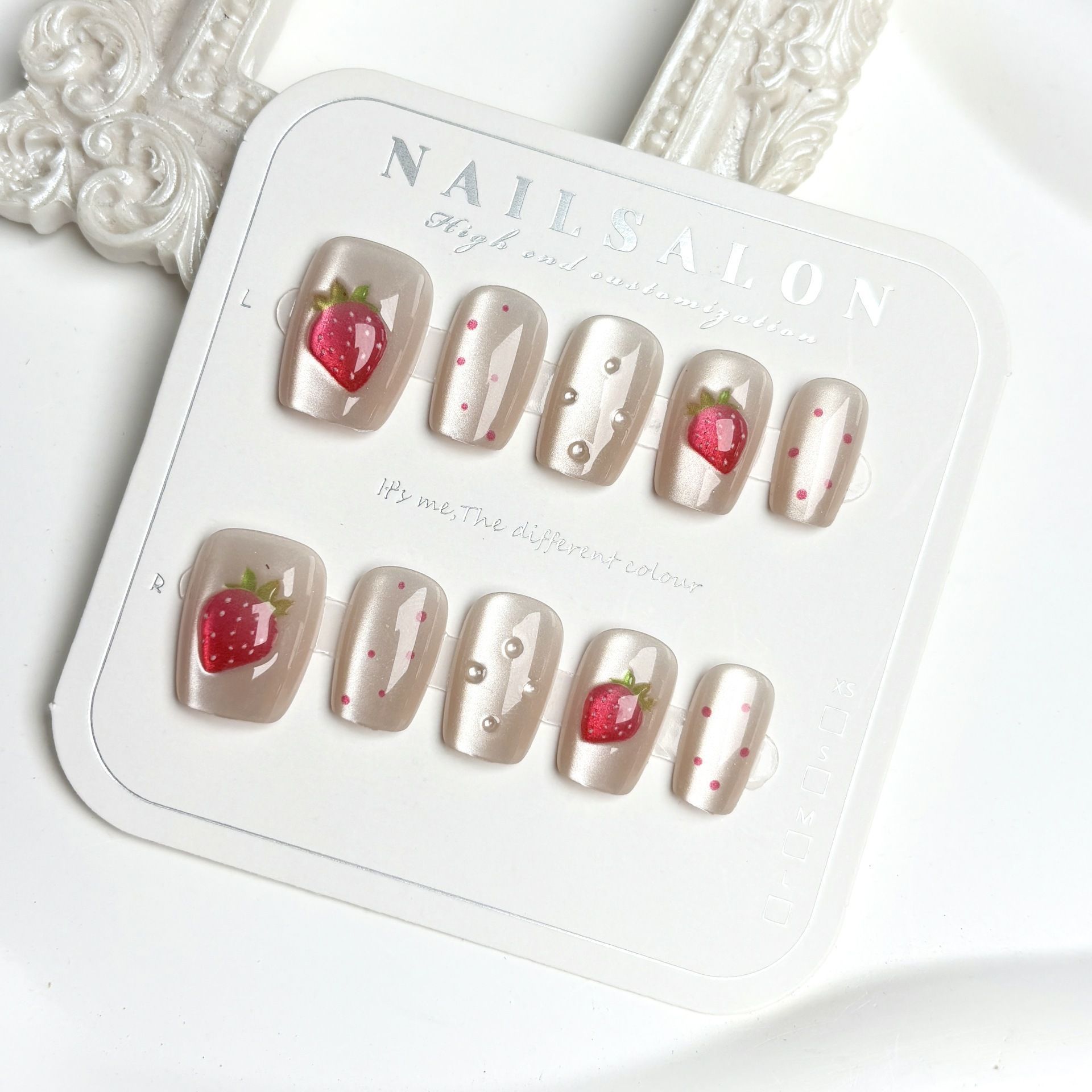 Nail Art Strawberry - 10pcs Short Square Cat Eye Handmade