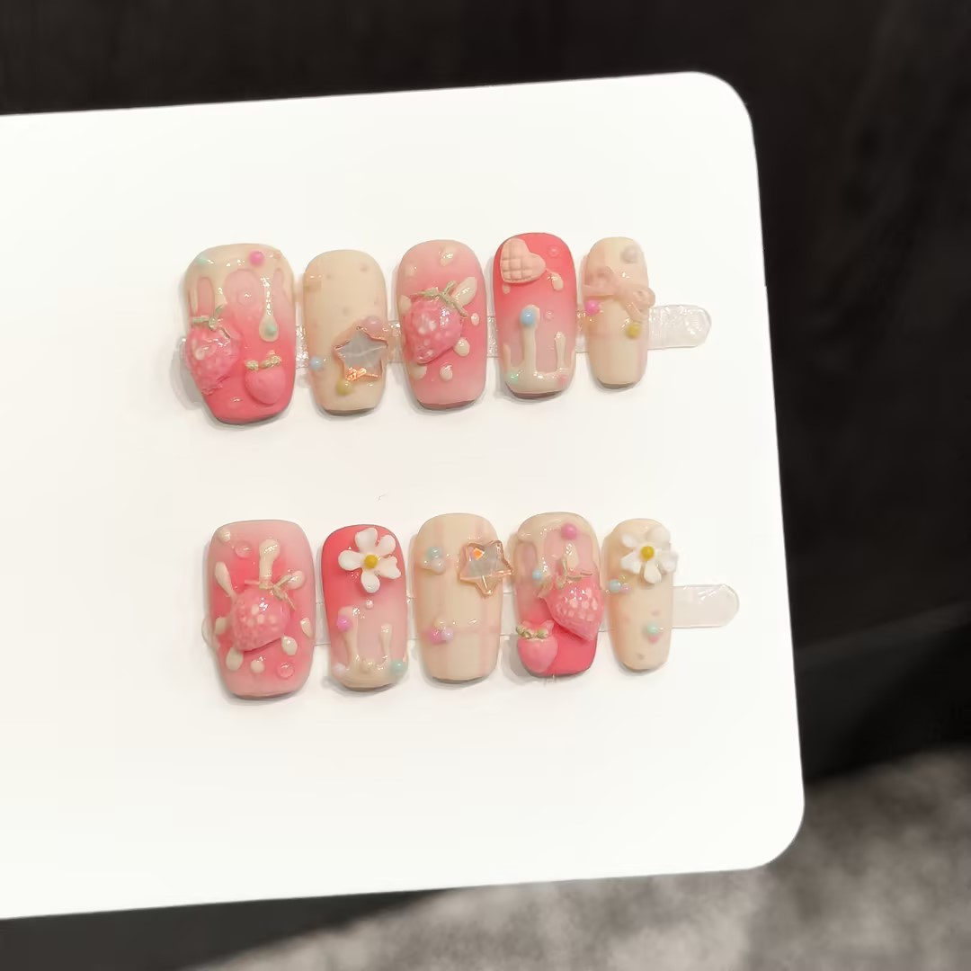 Nail Art Strawberry - 10PCS Square Handmade Press On Nails,
