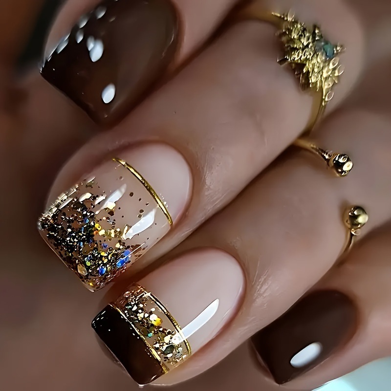 Nail Art Glitter - Short Square fake nails for women