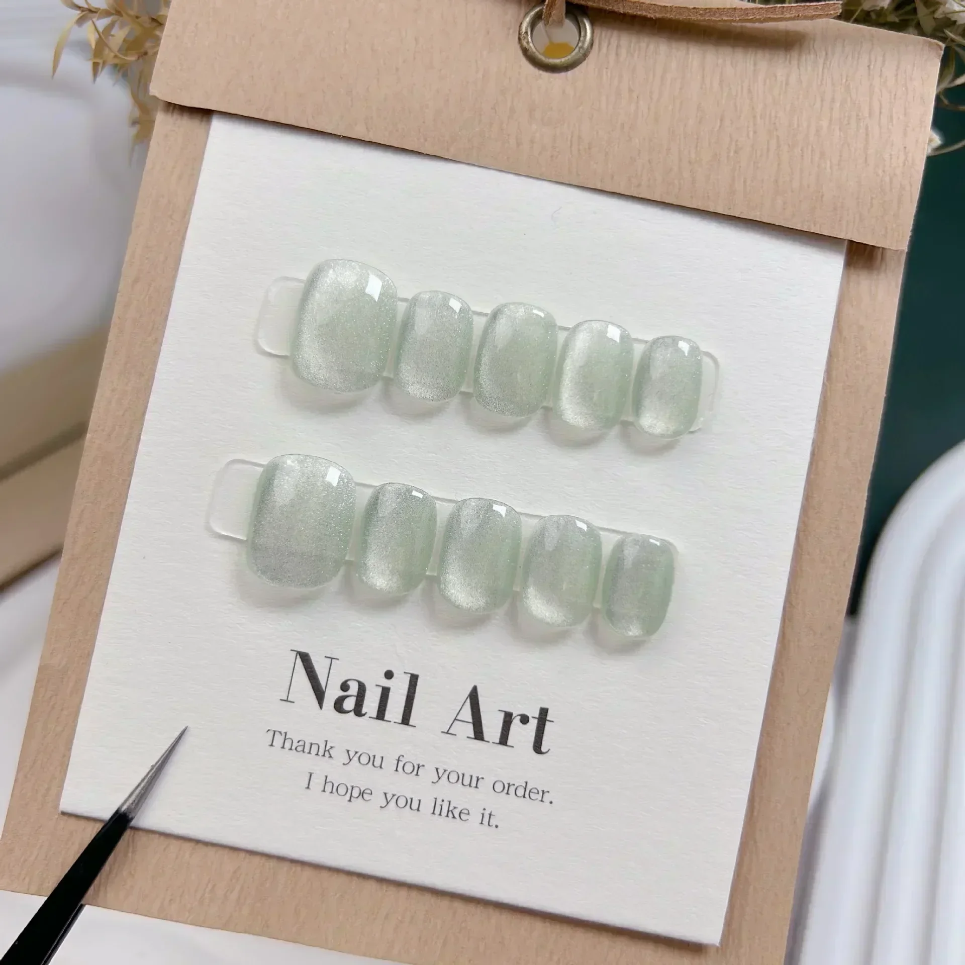 Nail Art Full Cat Eye - 10Pcs Short Handmade Light Green Press