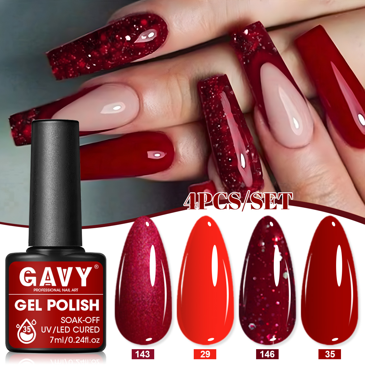 4Pcs Wine Red Solid Glitter Ge - огляд і ціна Nail Art Burgundy