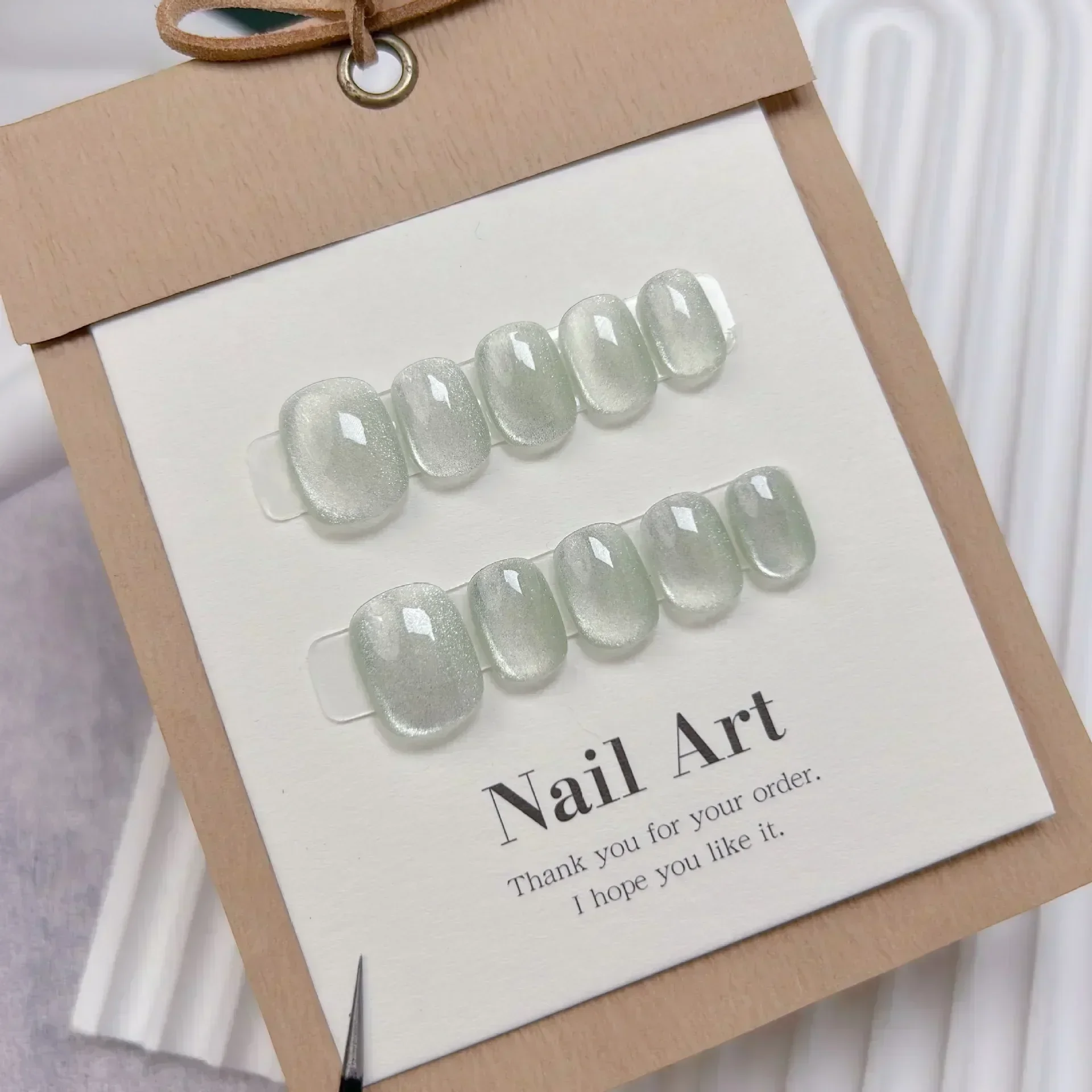 10Pcs Short Handmade Light Gre - огляд і ціна Nail Art Full Cat Eye